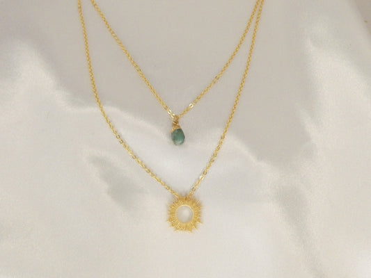 Double necklace with Emerald and sun