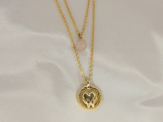 Gold-plated double necklace with rose Quartz pearl and heart medallion